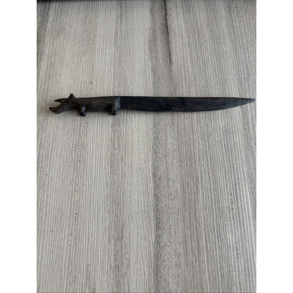 Vintage Hand Carved African Ebony‎ Wood Rhinoceros Figure Letter Opener 8"